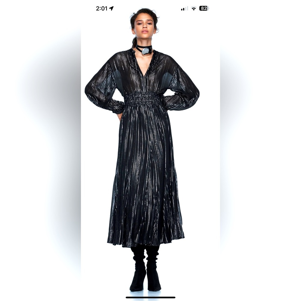 Zara Black Metallic Thread Special Event Maxi Long Sleeve Flowy Dress